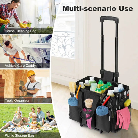 Rolling Cleaning Caddy Bag with Detachable Trolley, multi-use organizer, adjustable height, holding cleaning supplies