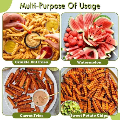 Crinkle Cutter For Restaurant Style Fries And Wavy Chips At Home With An Extra Large 7.3 Inch Stainless Steel Blade And Wooden Handle Perfect For Potatoes Carrots Fruits And More Fast Easy Slicing For High Volume Prep By FANTEXY used for crinkle fries, watermelon, carrot fries, and sweet potato chips.