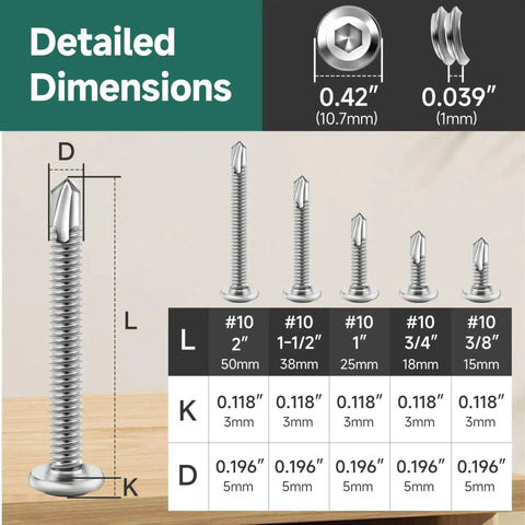 Detailed dimensions of the 110 Piece Size Ten Stainless Steel Self Tapping Screws Kit With Hex Socket Drive for various lengths and diameters.