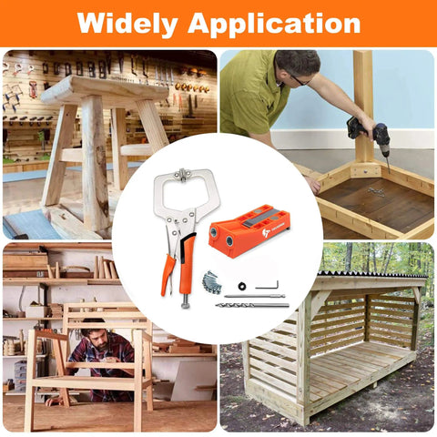 All In One Pocket Hole Jig Kit With 11 Inch Clamp Square Driver Bit Hex Wrench Depth Stop Collar Step Drill Bit Coarse Square Driver Screws Handy Portable Case shown in various woodworking applications
