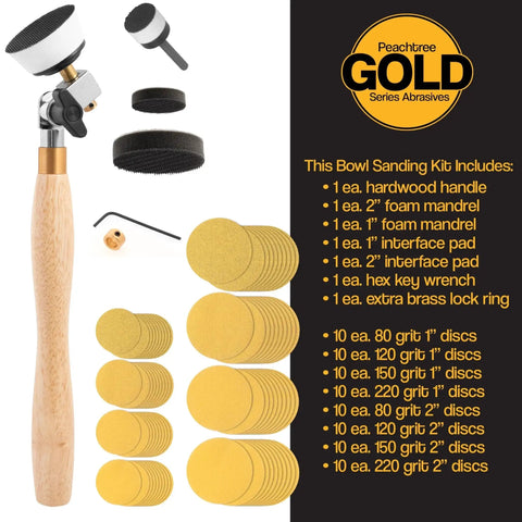 Woodturning Bowl Sander Kit With Dual Bearing Head And Hardwood Handle, 85 Piece Set, Includes 1 Inch And 2 Inch Hook And Loop Sanding Discs And One Quarter Inch Mandrel, Perfect For Finishing Inside Bowls, Peachtree Woodworking Supply, shown with components on display.