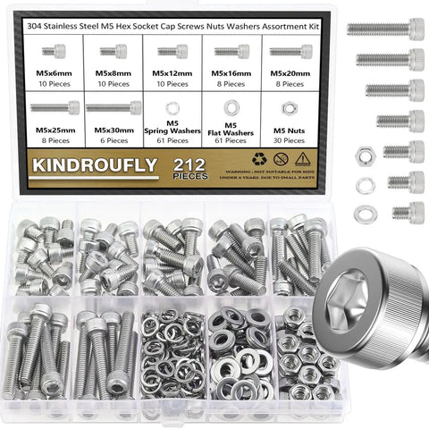 304 Stainless Steel Hex Socket Head Cap Screw Set 212 Pieces M5 Lengths 6 8 12 16 20 25 30mm Includes Nuts Lock Washers Flat Washers Fully Threaded All Purpose Kit organized in a box.
