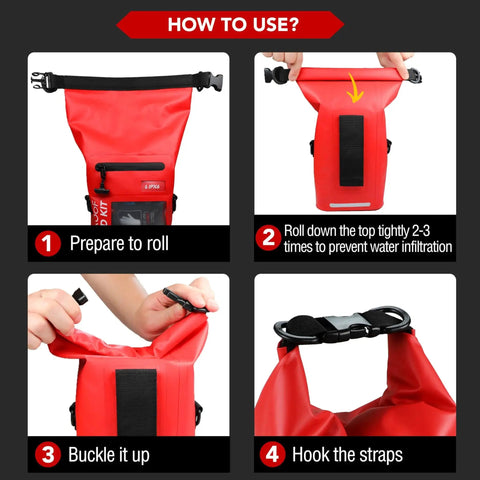 Step-by-step guide on using the 250 Piece IPX6 Waterproof First Aid Kit With Roll Top Reflective Boat Dry Bag