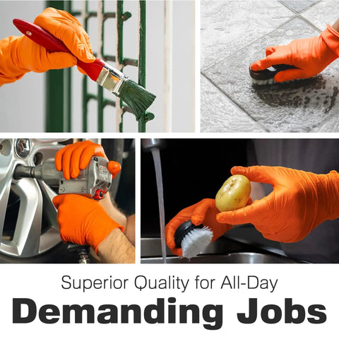 Diamond Texture Nitrile Gloves With Superior Grip And Puncture Resistance in use for industrial and household tasks, orange, large size