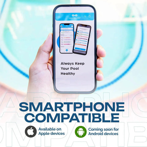Hand holding smartphone displaying AI app for All In One Pool And Spa Water Test Kit With AI Powered App No Fuss Thick Strips.