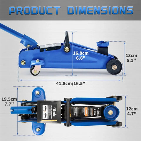 2 Ton Hydraulic Floor Jack For Cars, Portable Car Lift With 4.9 To 11.8 Inch Lift Range, 3,800 Lb Capacity, side and top view