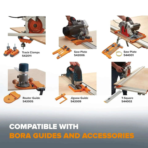 Multiple saw and guide tools with a focus on compatibility with Bora Guides and Accessories, including saw plates and router guides.
