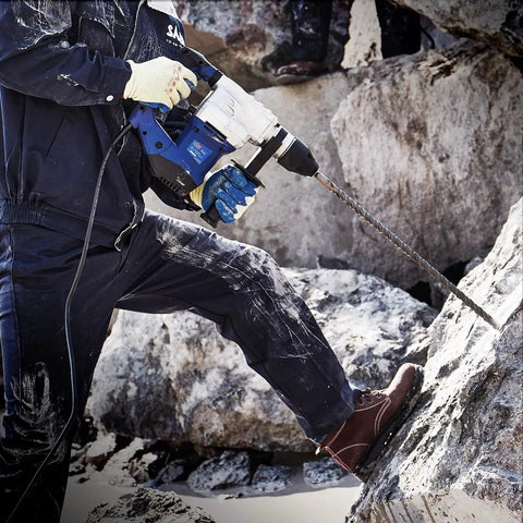 Worker using SDS Plus rotary hammer drill into rock with Beefy 10 Piece SDS Plus Rotary Hammer Drill Bit Set For Concrete And Masonry.