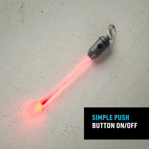 Side view of Nite Ize Radiant rechargeable LED glow stick with gray cap and S-Biner, red glow