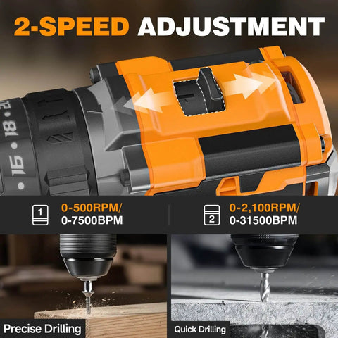 Close-up of Go-To 20V Max Cordless Hammer Drill showing 2-speed adjustment and drilling into wood and concrete.
