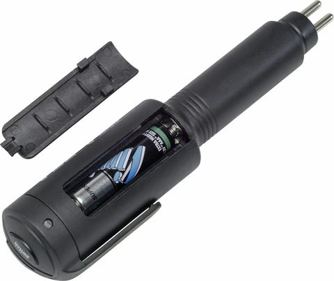 Side view of black 8-in-1 brake fluid tester with battery visible and detached cap beside