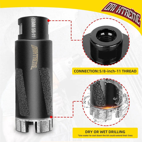 Efficient Diamond Core Drill Bit For Dry Drilling Granite Concrete Marble Stone, One And Three Eighths Inch Hole Saw With Five Eighths Eleven Thread ORIXTREME Vacuum Brazed Protection Reducing Heat And Friction For Fast Clean Cuts, close-up view highlighting 5/8-11 thread connection.