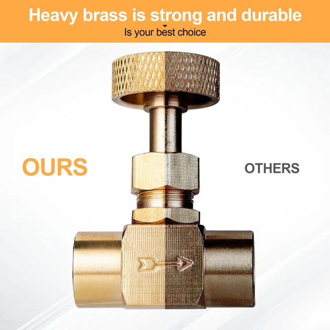 Heavy Duty Brass Instrument Needle Valve Replacement Set For Precise Flow Control One Quarter NPT Female To One Quarter NPT Female Connections Golden Finish