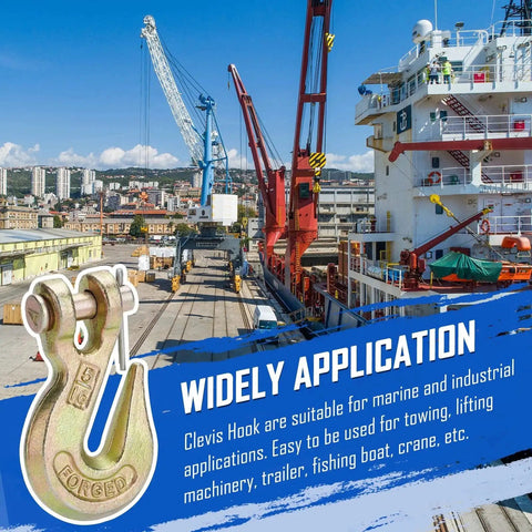 Clevis Grab Hooks 5 16 Inch Grade 70 Forged Steel 5400 LB WLL Tow Chain 10 Pack shown on dock with cranes and ships.