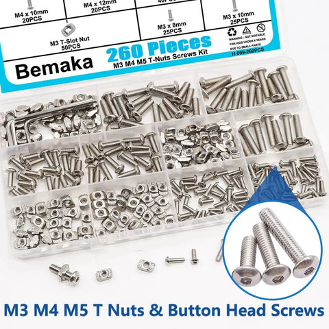 260Pcs M3 M4 M5 T Slot Nuts and Button Head Screws Kit for 2020 Aluminum Extrusion Profile Nickel Plated Carbon Steel