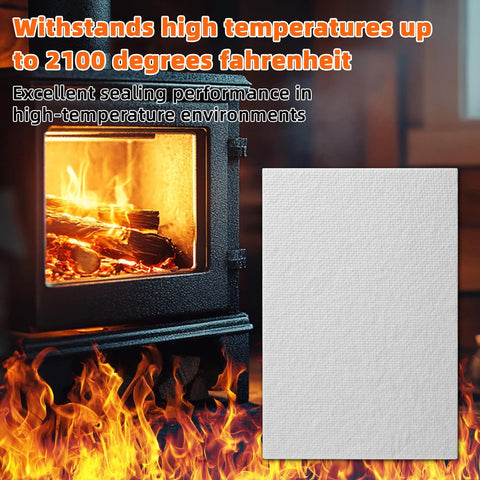 7x10 inch high-temperature gasket paper, 1/8 in thick ceramic fiber alternative, gray sheet beside a wood stove.