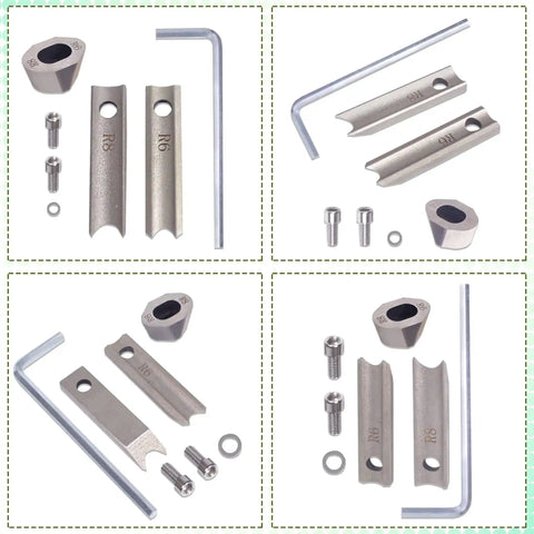 R6mm R8mm Metal Die Blade Replacement Kit for Corner Rounder Cutter Machine, showing two upper blades, dual bottom blade, and tools