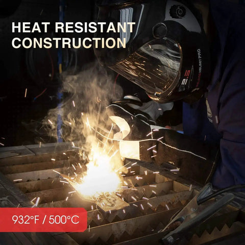 Person welding with Leather Forge MIG Welding Gloves With Kevlar Stitching For Heat And Fire Resistance And Palm Reinforcements, 16 Inches Black And Gray.