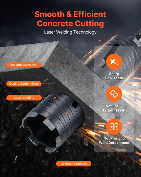 Heavy Duty Pro Grade Diamond Dry Core Drill Bit Set With 3 Inch Core Diameter 9-1/2 Inch Drilling Depth 5/8-11 Internal Thread cutting concrete