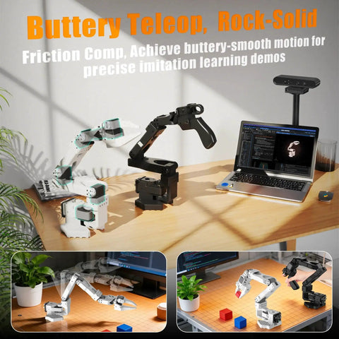 Robotics lab setup with SO ARM robotic arm and laptop featuring Six Pack Brushless Servo Upgrade Kit for SO ARM Robotic Arm.