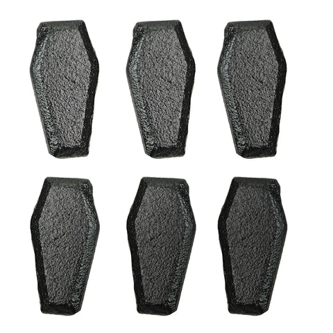 Set of 6 Gothic Black Cast Iron Coffin Drawer Pulls, each 2.5 inches long and 1.5 inches high, ideal for dark decor and gothic style.