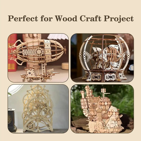 Four finished wood craft models made from Basswood Sheets 12 by 12 by One Sixteenth Inch Pack of 36 Unfinished Wood Blanks for Laser Cutting Engraving Burning and Craft Projects with Smooth Edges and Fine Wood Grain DIY Friendly.