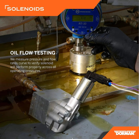 Oil flow testing of Variable Valve Timing Solenoid Kit For Acura And Honda, focusing on pressure measurement equipment and solenoid.