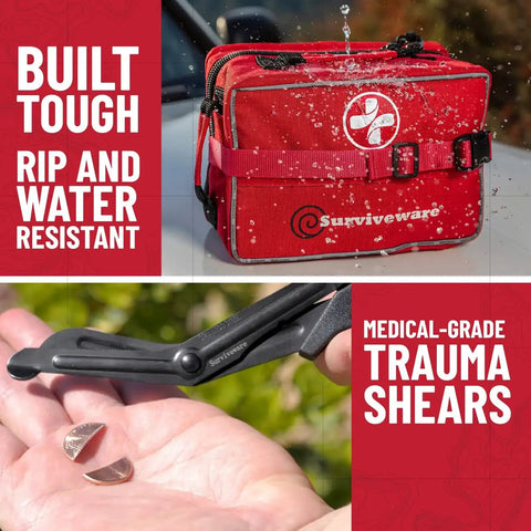 Comprehensive 238 Piece Survival First Aid Kit, red color, MOLLE compatible, water resistant, with labeled compartments and trauma shears.