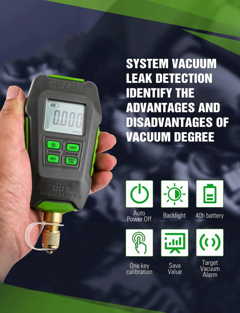 Digital Micron Vacuum Gauge For HVAC With Pirani Sensor And LCD Display Temperature Compensation And Four Units Pa MBar MmHg Microns One Quarter Inch SAE Connection Digital Pressure Tester Meter For Refrigeration And Home AC Maintenance Pro Grade