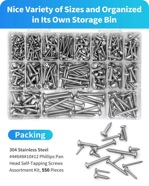 Bulk Stainless Steel Wood Screws Set, 550 piece assortment displayed in a storage bin, featuring various sizes and lengths.