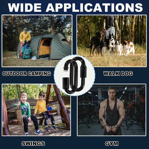 Collage showing applications of 50 Pack 2 Inch Quick Links And M5 Locking Carabiners Set for camping, dog walking, swings, and gym.