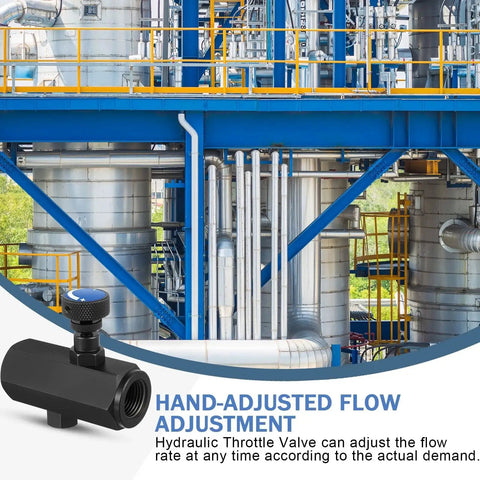 Two Pack KC 04 Hydraulic Flow Control Valves One Half Inch NPT Threaded Throttle Check Valve in an industrial setting with pipes