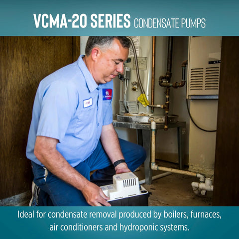 Little Giant VCMA-20ULST condensate pump, 115V, 80 GPH, white/black with overflow switch and 20 ft tubing.
