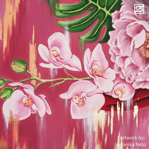 Pink floral artwork with orchids and peonies against a textured pink background with gold accents.