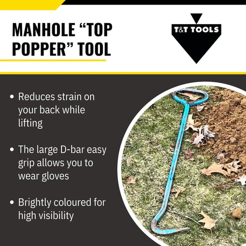 Top Popper Manhole Hook With Rotated Handle 2.5-Foot displayed on grass with blue heat-treated alloy steel design.