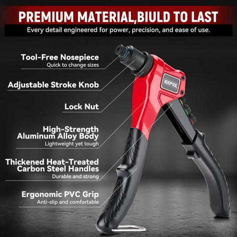 Adjustable Stroke Rivet Gun Kit with heavy duty hand riveter, aluminum alloy body, carbon steel handles, PVC grip, labeled features.