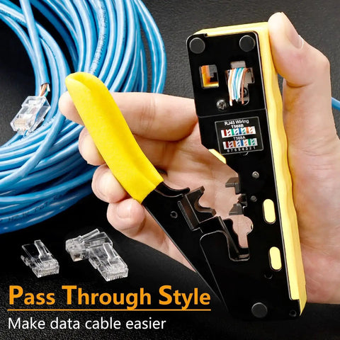 All In One Pass Through RJ45 Crimp Tool Kit With Network Cable Tester for Cat5, Cat5e, Cat6, Cat6A, Cat7 Ethernet Cables in hand.