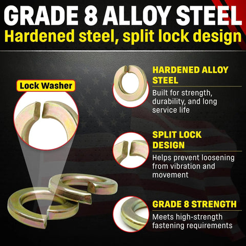 Front view of 3/8 in Grade 8 hardened alloy steel split lock washers, yellow zinc chromate, 50-piece pack.