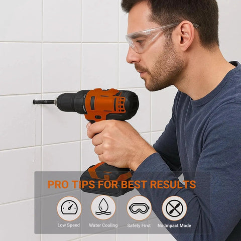 Pro Grade Three Sixteenth Inch Glass And Tile Drill Bit Set Ten Piece Tungsten Carbide Tipped Spear Cutter in use on tile