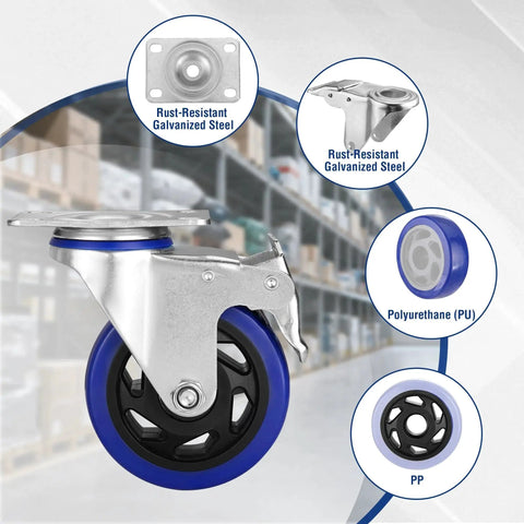 Front view of WORKPRO 4-inch swivel caster wheels set of 4 with blue polyurethane wheels and galvanized steel housing