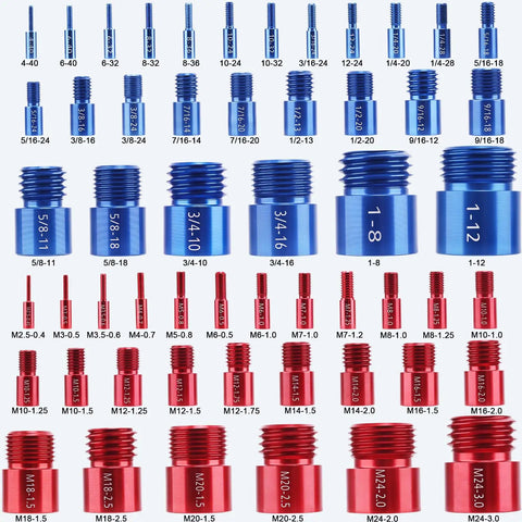 54-Piece Nut And Bolt Thread Checker Kit For Tight Spaces With 27 Inch And 27 Metric Sizes Pro Grade Bolt And Nut Identifier Gauge detailing blue and red gauges.