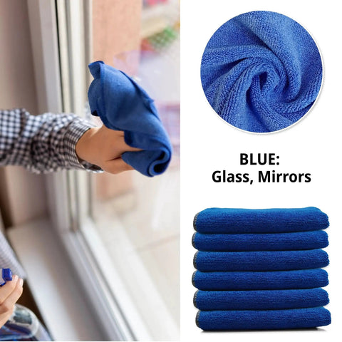 Person cleaning window with Premium Microfiber Cleaning Cloths Blue 16x16 12 Pack Reusable Non Scratch