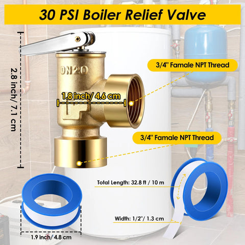 Gulfmew 30 PSI boiler relief valve, brass with 3/4 inch female NPT threads; PTFE tape included.