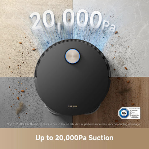 DREAME X50 Ultra robot vacuum on floor; round black body with blue power button and 20,000Pa suction label