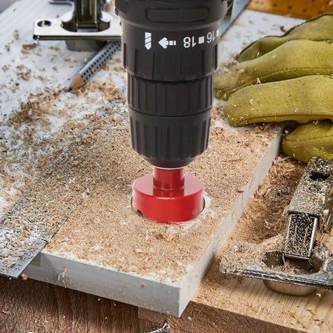 Drill using Pro Grade Seventeen-Piece Diamond Hole Saw Set for Ceramic Glass Tile Marble and Granite with sawdust