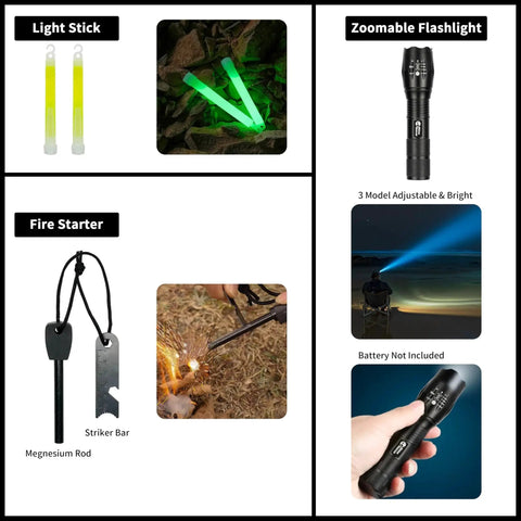 Survival First Aid Kit With Molle Pouch Emergency Medical Gear For Vehicles Car Camping Hiking Outdoors IFAK Medical Kit For Rangers And Hunters Green includes light sticks, flashlight, fire starter with magnesium rod and striker