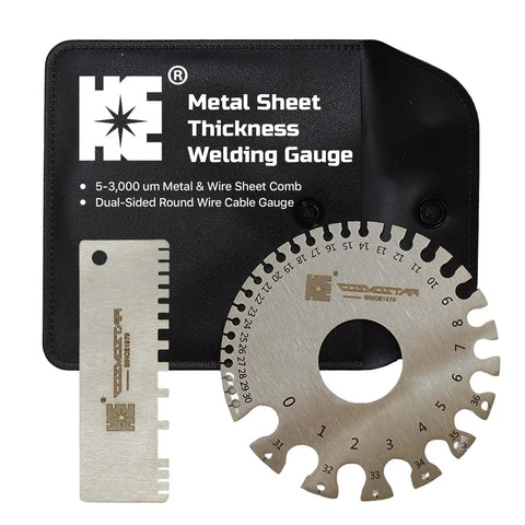 Precision Welding Gauge Set For Dead On Wire And Sheet Thickness 25 To 3000 Um Wet Film Comb And Dual Sided Round Wire Cable Gauge Stainless Steel Two Pack By Cosmostar, showing dual-sided gauges in storage pouch.
