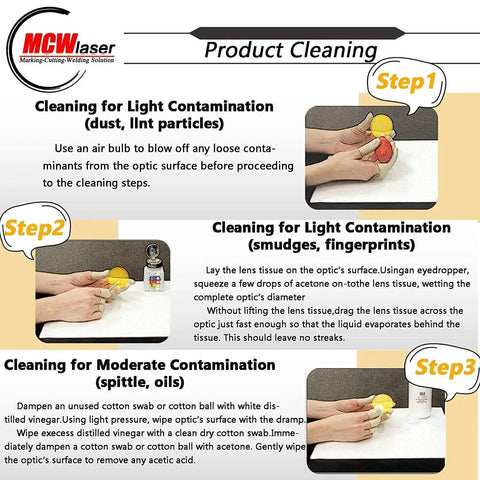 Diagram showing step-by-step guide for cleaning MCWlaser optic surfaces from dust, smudges, and oils using air bulb and swabs.