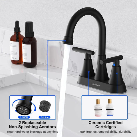 4 Inch Centerset Matte Black Bathroom Faucet With Pop Up Drain And Two Hoses installed on white sink with water flow