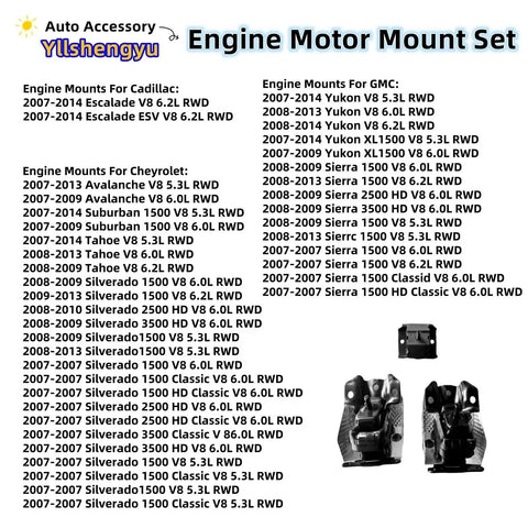 3-Piece Beefed-Up Engine Motor Mount Kit For Trucks And SUVs Fits Silverado 1500 2500 3500 Tahoe Suburban Avalanche Yukon Escalade ESV Replaces A5365 A2811 Rear-Wheel Drive Only Heavy-Duty Rubber And Steel Mounts with compatibility list